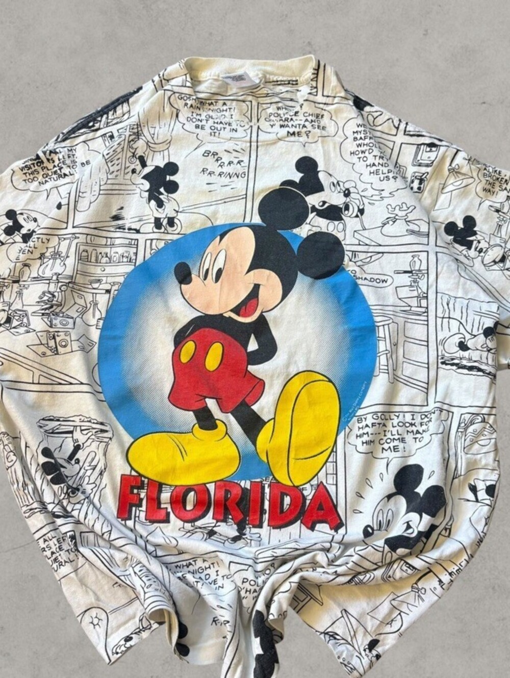 Vintage 90s Mickey Mouse Florida AOP Graphic Comic Strip T-Shirt Size XL Retro